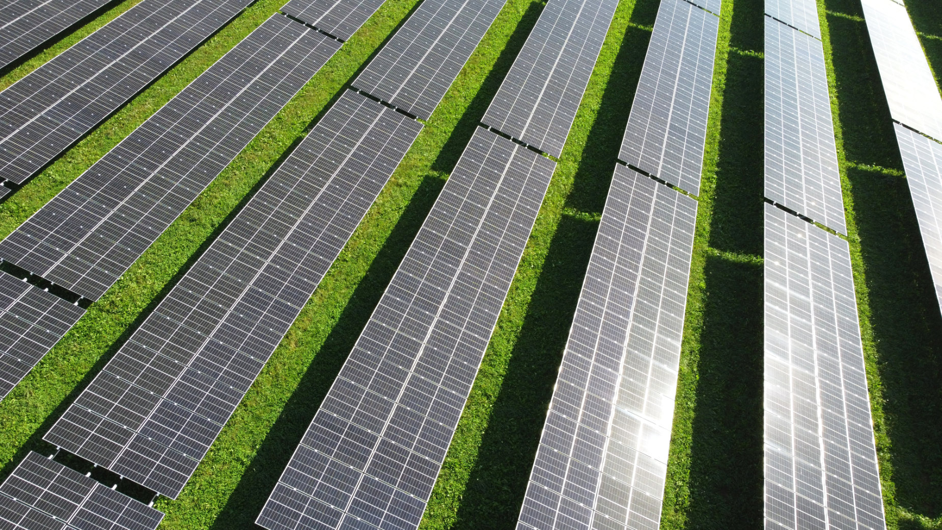 Detailausschnitt der Photovoltaikanlage Schlossbauer mit mehreren Modulreihen